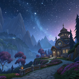 Illustration of a fantasy landscape from WoW: Warlords of Draenor. Majestic mountains under starry sky. Fantasy building with intricate details. Rich color scheme, detailed style.