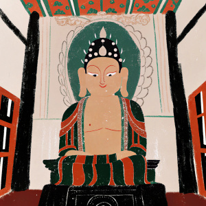 High-resolution image of ornate statue of Maitreya Buddha at Thiksey Monastery in Ladakh, India. Intricate details include large headdress and elaborate clothing. Statues centrally positioned within vibrant, richly decorated shrine area. Surrounding walls adorned with detailed artwork and vibrant colors.