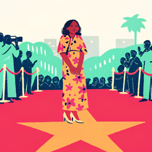 Marsai Martin on the bustling Hollywood walk of fame. Wearing a vibrant floral dress. Crowded street background, filled with paparazzi and fans.