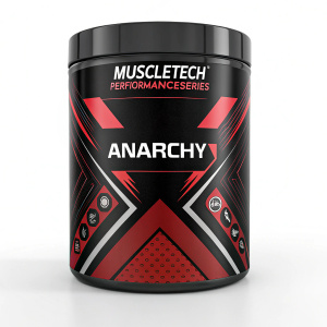MuscleTech PerformanceSeries Anarchy container. Black and red design. Pre-workout supplement for energy, focus, and strength enhancement.