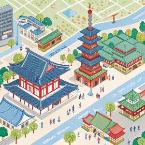 Interactive map of Asakusa showcasing vibrant traditional Japanese architecture. Colorful buildings, landmarks, and detailed layout. Blue, green, and red hues.