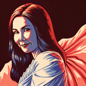 China Chow, an elegant Asian actress, smiles warmly in the spotlight. Long dark brown hair frames her face. The background fades to black, putting focus solely on her.