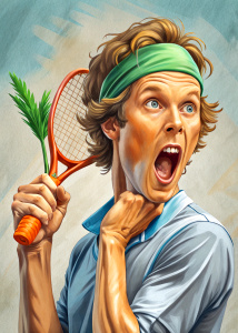 italian jannik sinner eat carrot with a tennis racket