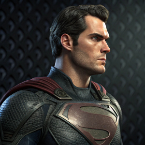 Close-up render of Henry Cavill as Superman in the Injustice series. Patterned, dark background.