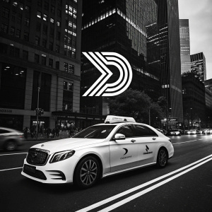 Modern reimagining of the Delamain Taxi logo. Bold abstract design in monochrome. Dark background, white logo.