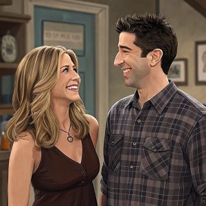 Jennifer Aniston, medium-length wavy blonde hair, dark brown dress. David Schwimmer, short neat hair, plaid shirt. Both smiling, posing on set of Friends.