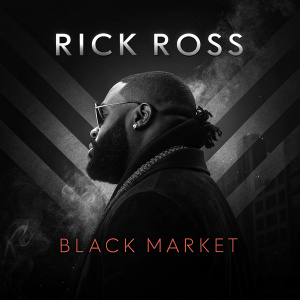 Promotional image for Rick Ross's album 'Black Market'. High contrast, dark shades with minimalistic design elements