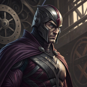 Drawing of Magneto from X-Men, looking fierce and powerful. Dark, detailed artwork with intricate metal machinery in the background.