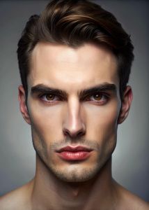 A man: brown hair, straight and thick eyebrows, bony face with prominent cheekbones, dark red lip color, straight and prominent nose, orange eyes.