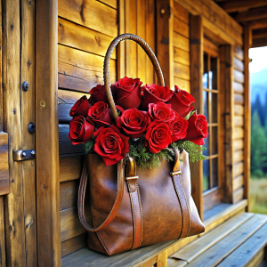 ultra realistic valentine's day flowers, rodeo handbag, outside cabin