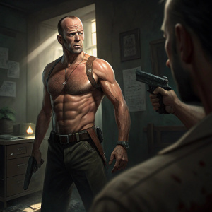 Bruce Willis, shirtless and intense, stands in a dimly lit room. A tense scene from Die Hard. Another character, partially seen, is pointing a gun. Action packed moment