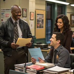 Jake Peralta, Amy Santiago, and Charles Boyle in an office scene from Brooklyn Nine-Nine. The trio are surrounded by paperwork and posters.