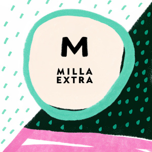 Modern logo design for Milla Extra. Blue 'M' and orange shape. Clean and simple layout.