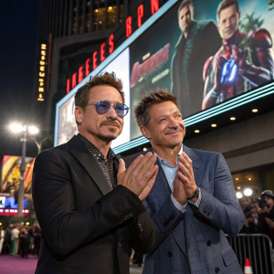 Robert Downey Jr. and Jeremy Renner. Both white men. Posed in front of an animated billboard of Avengers movie scenes. Clapping their hands. Bright lights and bustling crowd in background.