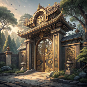 Highly detailed 3D model of a majestic temple gate. Lavish golden patterns and engravings, center logo prominently displayed.