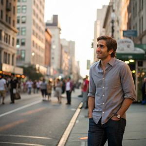 Jake Gyllenhaal, wearing casual shirt and jeans. He stands in a street filled with passersby, at daytime