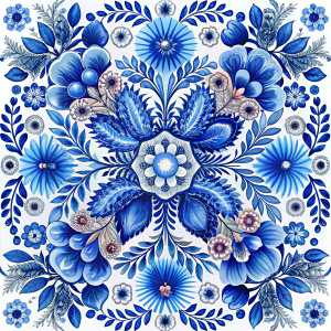 ornament Russian folk pattern only in white and blue in Gzhel style with flowers and greenery