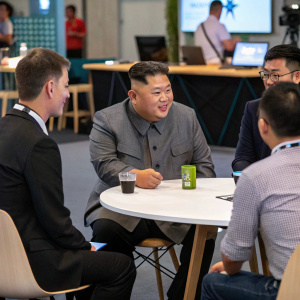 Kim Jong Un in a business casual outfit, at a casual tech conference. Informal setting, no ceremonial atmosphere.