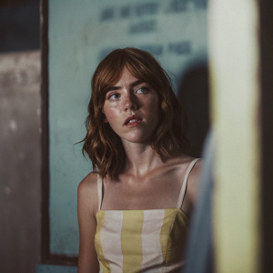 Kiernan Shipka in a candid photo. Wearing a yellow and white dress. The blurred background features stark text elements. Dark and textured. She has shoulder-length brown hair and fair skin.