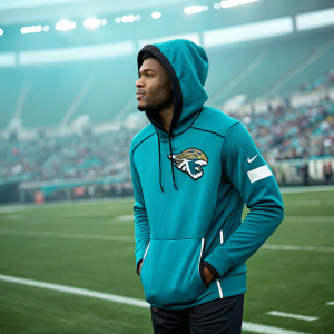 Jalen Ramsey standing confidently in a vibrant teal hoodie featuring the Jacksonville Jaguars emblem. The stadium's audience is a blur behind him, set against the green football field.