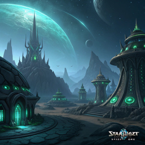 A digital art piece depicting a futuristic landscape from StarCraft II Legacy of the Void. The scene features intricate 3D alien designs, with dark hues and emerald highlights. The backdrop is a vast, inky void, highlighting the BlizzCon brand's mystique.