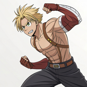 Digital illustration of a muscular anime character, blonde hair, flexing in a dynamic pose, detailed features, plain background