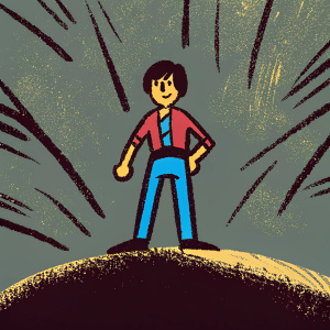 Scott Pilgrim, standing on a vibrant yellow background, drawn by hand. He is wearing his iconic red shirt.