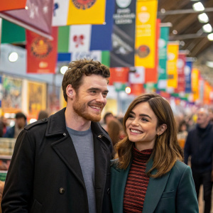 Richard Madden and Jenna Louise Coleman smiling at a bustling book fair. Vibrant banners and posters in the background.