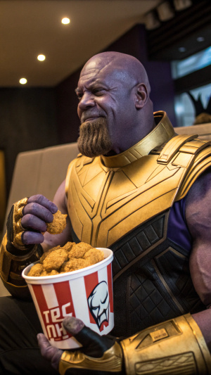 Create an image of a large, muscular character with a broad, square face, deep purple skin with textured lines, especially noticeable vertical grooves on his chin. He has intense, small eyes and a stoic but slightly pleased expression. The character is seated in a casual setting, holding a KFC bucket filled with fried chicken. He is wearing his iconic golden armor adapted as casual attire, blending futuristic elements with a relaxed look. The character is enjoying a piece of fried chicken, with his powerful hands emphasizing his strength. The scene is warmly lit, bringing a humorous contrast between his imposing figure and his enjoyment of fast food.