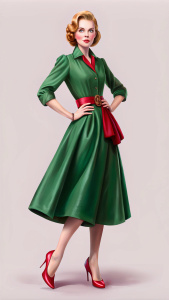 Grace Kelly, thoughtful look, brown hair, in a dress, red shoes, full body shot