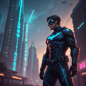 Illustration of Nightwing from Batman: Arkham Knight. Futuristic city background with neon lights