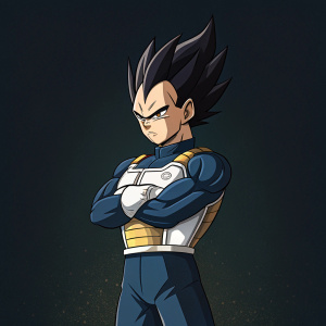 Vegeta from Dragon Ball Z standing confidently with arms crossed. Dark background