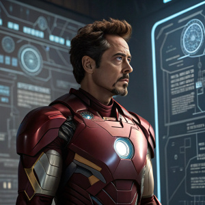 Digital illustration of Tony Stark, aka Iron Man, in detailed high-resolution design. Set against a backdrop of intricate tech schematics and information panels.