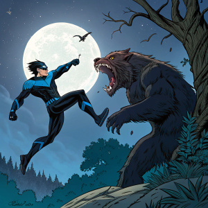 Nightwing battling a colossal, menacing beast. Intense, vibrant hues and dynamic poses. Traditional comic book illustration, rich with action and suspense.
