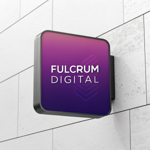 A sleek, modern logo for 'FULCRUM DIGITAL'. Purple gradient square with stylish text. White background.