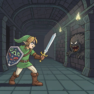 Link from The Legend of Zelda, in pixel art style, battling a monster in a dungeon.