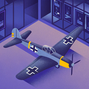 A vintage German Stuka B2 aircraft. Displayed in a war museum. Grey, brown, and yellow color scheme. Features the iconic black and white crosses. Detailed with serial numbers and wartime insignia. Single engine with a prominent propeller.