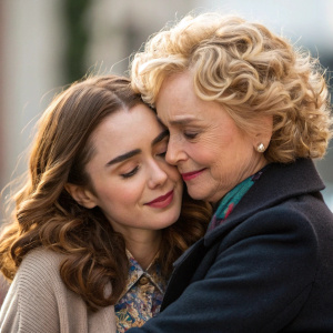 Lily Collins and an older actress with curly blonde hair in a heartwarming embrace. Background blurred, highlighting their emotional connection.