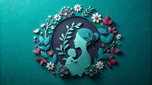 Happy Mothers Day blackbaground  Card. Floral papercut on teal background. Mom and flowers. Copy space for text.