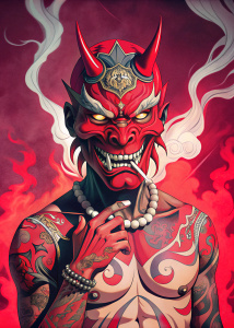 guy in a hannya mask, red and black style, illustration, smokes a cigarette, smoke, tattoo on the body, looks over the shoulder