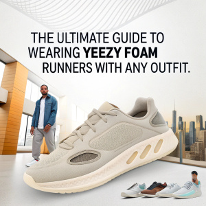 Create a stylish and modern cover image for a guide titled 'The Ultimate Guide to Wearing Yeezy Foam Runners with Any Outfit.' The design should prominently feature a pair of Yeezy Foam Runners surrounded by diverse outfits, including casual, sporty, and formal styles. The background transitions smoothly from an urban cityscape to a minimalist indoor studio, symbolizing versatility. Use a neutral and sleek color palette with shades of beige, gray, and cream, complementing the Yeezy aesthetic. Include subtle yet bold typography that highlights the title and theme of the guide.
