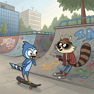 Mordecai the blue jay and Rigby the raccoon, hanging out in a cartoonish urban setting with graffiti-covered walls and a skate park in the background.