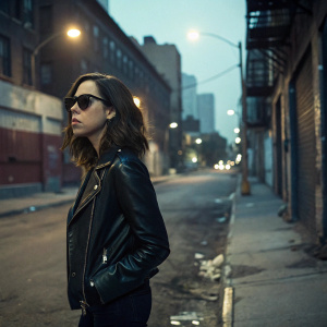 Aubrey Plaza, wearing a black leather jacket and dark sunglasses, standing alone on a gritty city street.