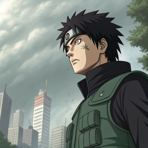 Obito from Naruto, dark hair, intense stare. Wearing black shirt, green vest. Outdoor cityscape background. Illustration by buko arts.