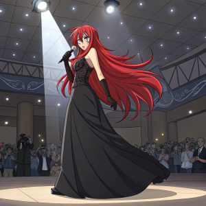 Rias Gremory, with long, vibrant red hair and a striking pose, dressed in a formal black gown. Spotlighted on an indoor stage with a sea of photographers and fans in the background.