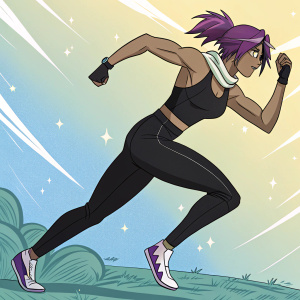 Cartoon illustration of Yoruichi from Bleach, dynamic pose, athletic physique, purple hair, black outfit, bright and colorful background