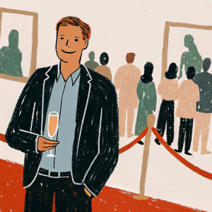 Chord Overstreet at the grand opening of a new art gallery. Dressed in a navy blue suit and a light blue shirt. Holding a glass of champagne. Crowd in the background.