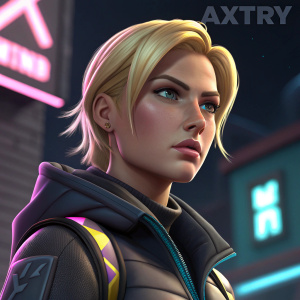 Illustration of a Fortnite character, female, blonde hair, serious expression. Digital art style, close-up view. Dark background with neon elements. AXTRY logo prominently displayed.