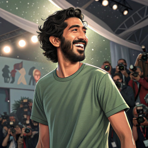 Dev Patel, with a warm smile and full beard, in a casual green t-shirt. On stage at the Cannes Film Festival, surrounded by excited fans and paparazzi.