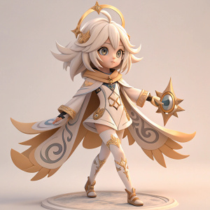 A 3D model of Paimon, the anime-inspired character from Genshin Impact. She's standing in a dynamic pose, intricate design wraps around her. Neutral color palette with a soft tan dominating. Set against a plain, minimalist background.